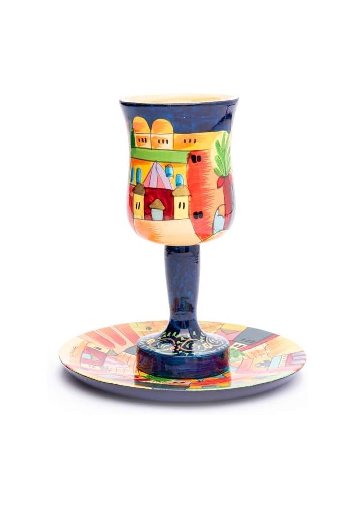 Yair Emanuel Hand-Painted Wooden Kiddush Cup and Saucer Set with Jerusalem Scene - Image 1