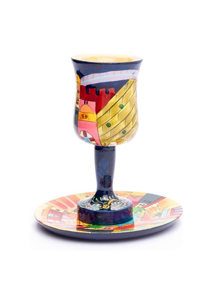 Yair Emanuel Hand-Painted Wooden Kiddush Cup and Saucer Set with Jerusalem Scene - Image 3