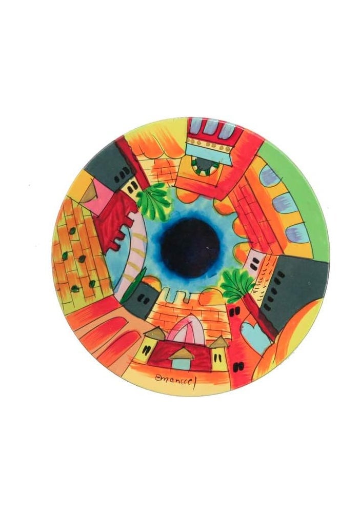 Yair Emanuel Hand-Painted Wooden Kiddush Cup and Saucer Set with Jerusalem Scene - Image 4