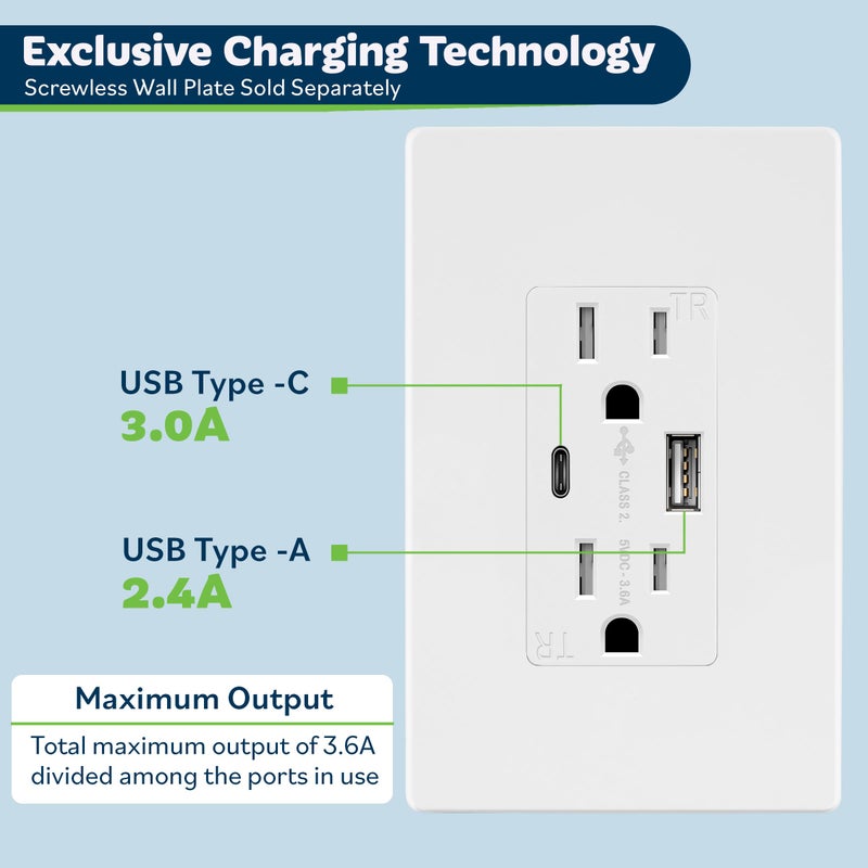 TOPGREENER مخرج USB من TOPGREENER، شاحن حائط USB من النوع C والنوع A، مخرج TR بقدرة 15 أمبير، مخرج طاقة للشحن مع منافذ USB، لوحة حائط متضمنة، مدرج في UL، TU21536AC-W-6PCS، أبيض، 6 عبوات - Image 3