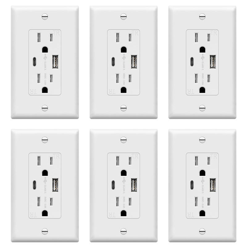 TOPGREENER مخرج USB من TOPGREENER، شاحن حائط USB من النوع C والنوع A، مخرج TR بقدرة 15 أمبير، مخرج طاقة للشحن مع منافذ USB، لوحة حائط متضمنة، مدرج في UL، TU21536AC-W-6PCS، أبيض، 6 عبوات - Image 1