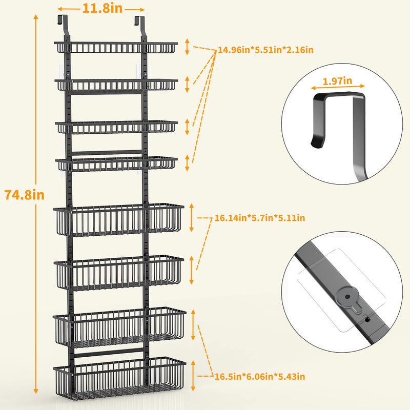 Moforoco منظم مخزن 8 طبقات فوق الباب من موفوروكو، تنظيم وتخزين المخزن، رف توابل حائط سلة معلقة سوداء، مستلزمات المنزل والمطبخ وغرفة الغسيل والحمام - Image 3