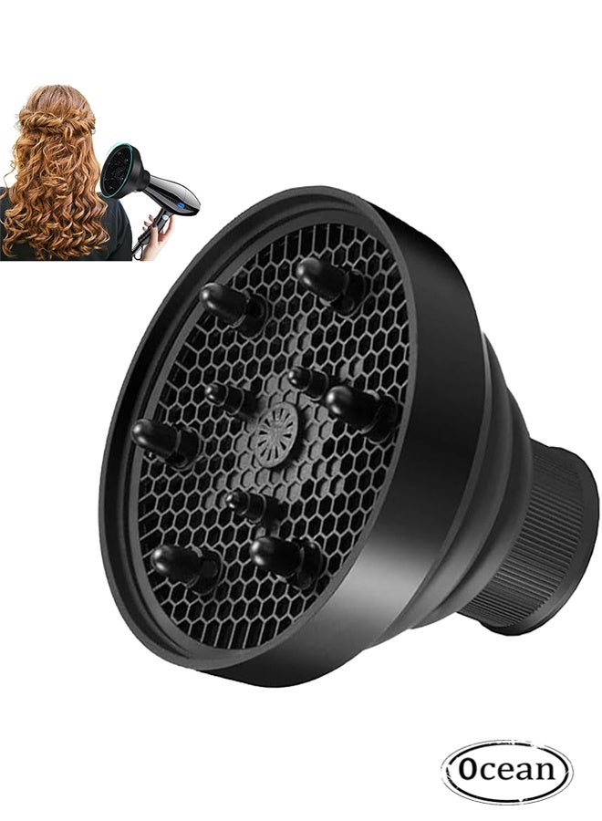 JS Universal Hair Diffuser Adaptable for Blow Dryers with 1.4-Inch to 1.96-Inch,for Curly or Wavy Hair, Lightweight Foldable Portable Travel Folding Design - Black - Image 1