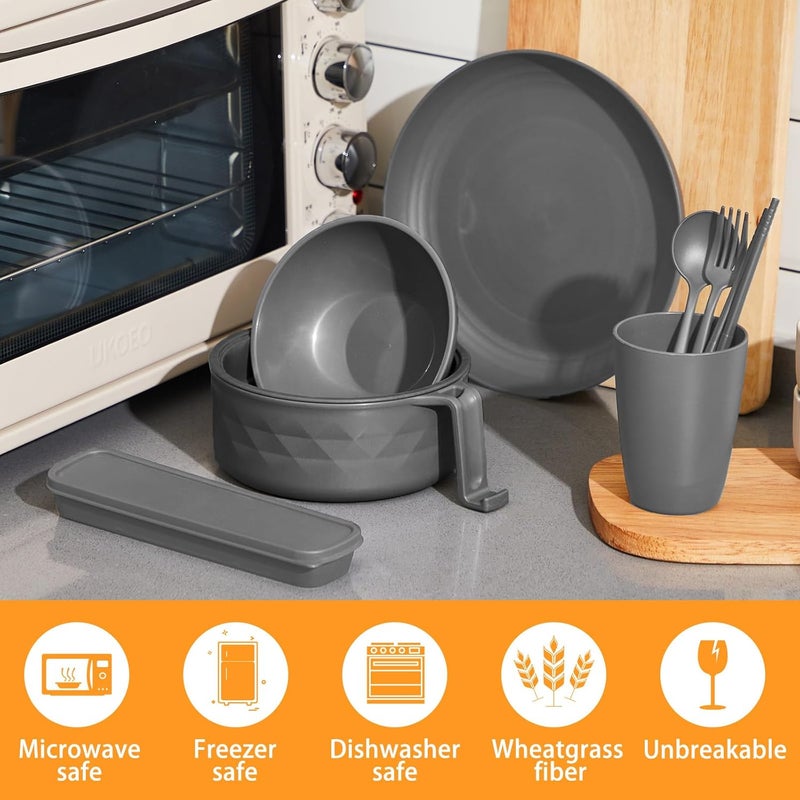Romooa Ramen Cooker Microwavable Set Camping Mess Kit for 1 Person Wheat Straw Dinnerware Sets with 33oz Ramen BowlPlatesCups and Cutlery BoxDishwasher Set Camping College Dorm UtensilsGrey - Image 5