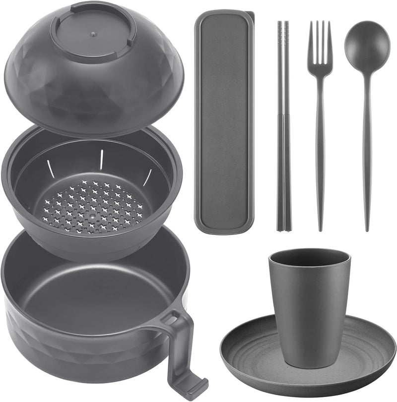 Romooa Ramen Cooker Microwavable Set Camping Mess Kit for 1 Person Wheat Straw Dinnerware Sets with 33oz Ramen BowlPlatesCups and Cutlery BoxDishwasher Set Camping College Dorm UtensilsGrey - Image 1