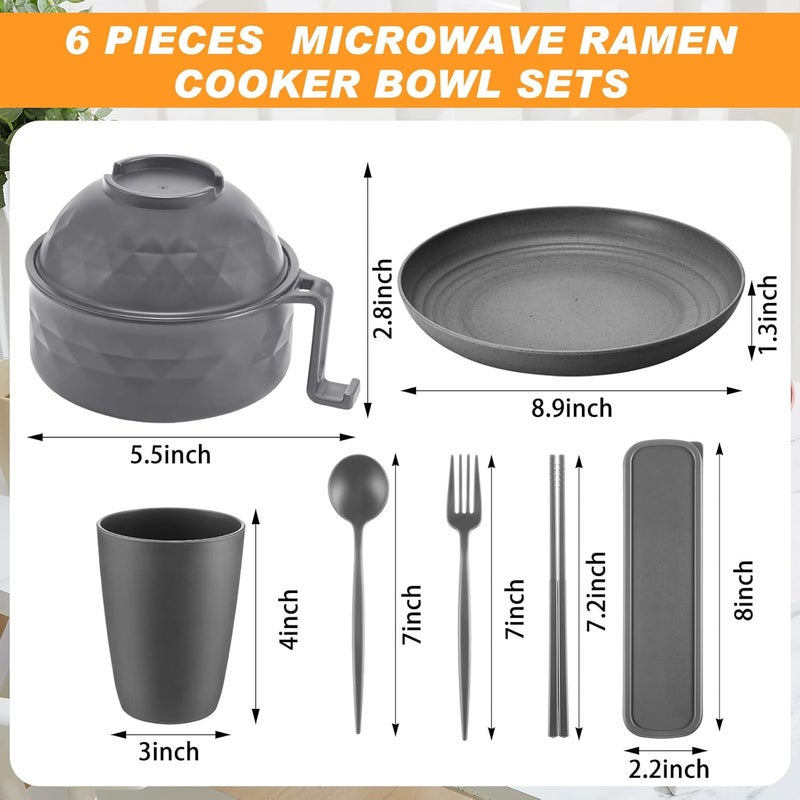Romooa Ramen Cooker Microwavable Set Camping Mess Kit for 1 Person Wheat Straw Dinnerware Sets with 33oz Ramen BowlPlatesCups and Cutlery BoxDishwasher Set Camping College Dorm UtensilsGrey - Image 2