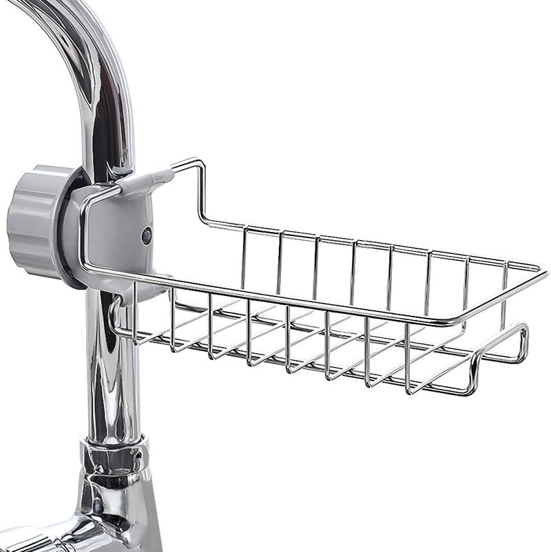 MEETO Stainless Steel Sink Caddy Organizer, Tap Organiser Clip Storage Rack Practical Home Kitchen Drain Rack with Towel Holder for Soap- Pack of 1 - Image 1
