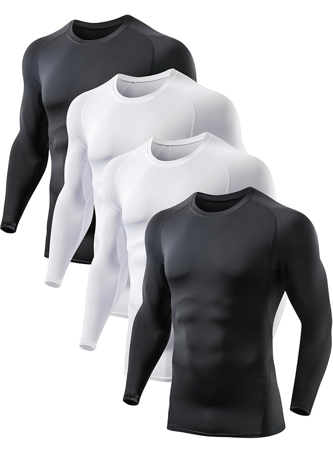 كاست ويف قميص ضغط رجالي مكون من 4 قطع بأكمام طويلة وواقي من أشعة الشمس فوق البنفسجية وطبقة أساسية مرنة للغاية وقميص داخلي للتمرين والعتاد والجفاف وقمصان رياضية للتمرين والرياضات الشتوية وملابس حرارية ضيقة باللونين الأسود والأبيض - Image 1