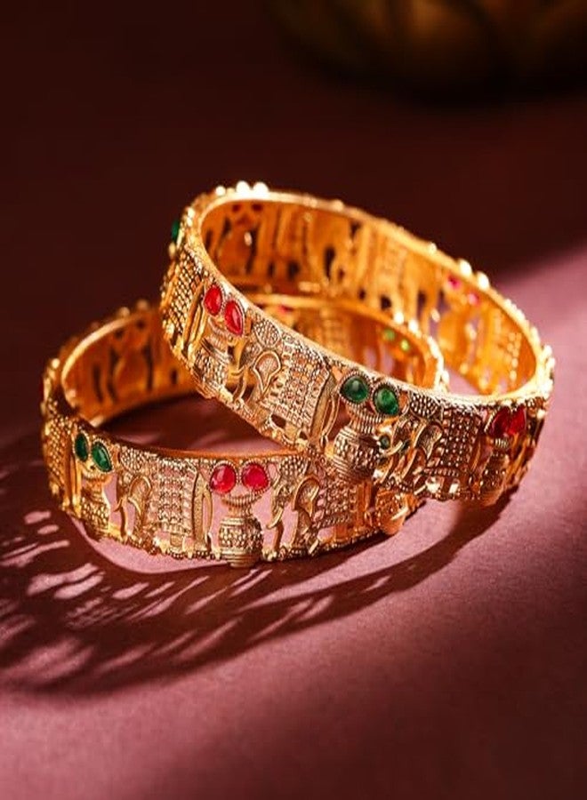 Rubans Set of 2 18K Gold Plated Rajwadi Polish Ruby & Emerald Studded Elephant Motif Handcrafted Bangles - Image 5