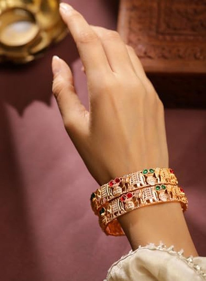 Rubans Set of 2 18K Gold Plated Rajwadi Polish Ruby & Emerald Studded Elephant Motif Handcrafted Bangles - Image 3
