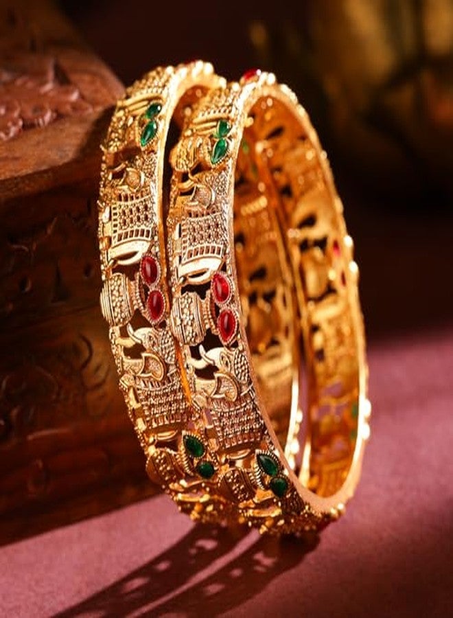 Rubans Set of 2 18K Gold Plated Rajwadi Polish Ruby & Emerald Studded Elephant Motif Handcrafted Bangles - Image 4