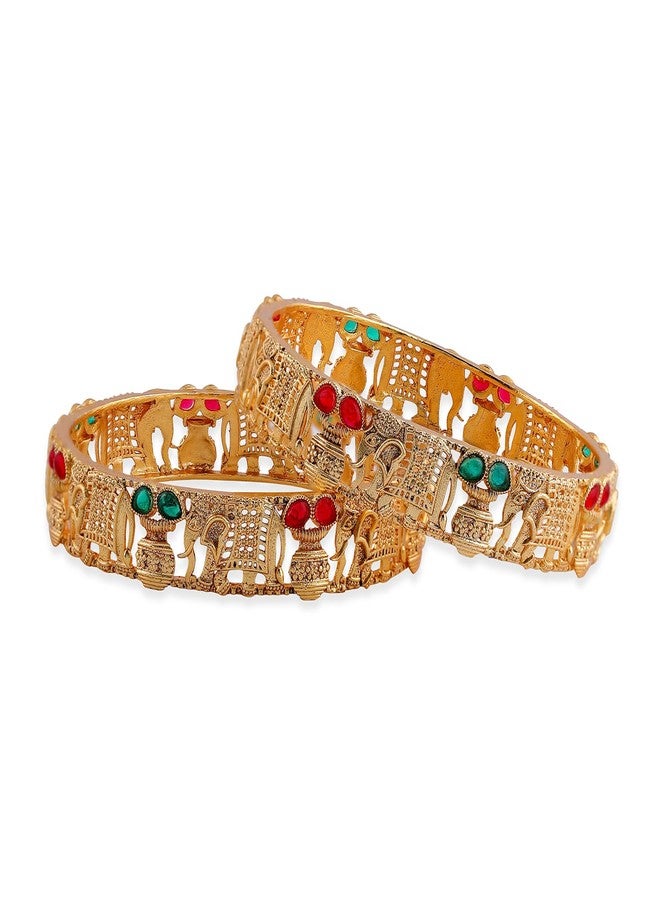 Rubans Set of 2 18K Gold Plated Rajwadi Polish Ruby & Emerald Studded Elephant Motif Handcrafted Bangles - Image 1