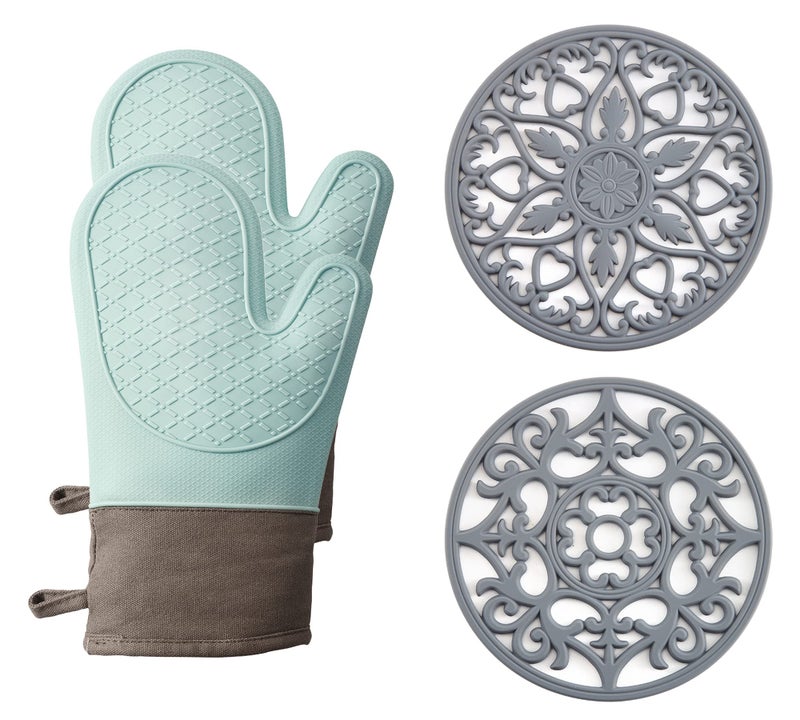 Domonic Home Domonic Home Oven Mitts and Pot Holders Sets Silicone Oven Mitts Heat Resistant 600F Oven Mitt Set Soft Lining Good Grip Oven Gloves and Trivet Mats 4 Piece Set Aqua SkyB 
