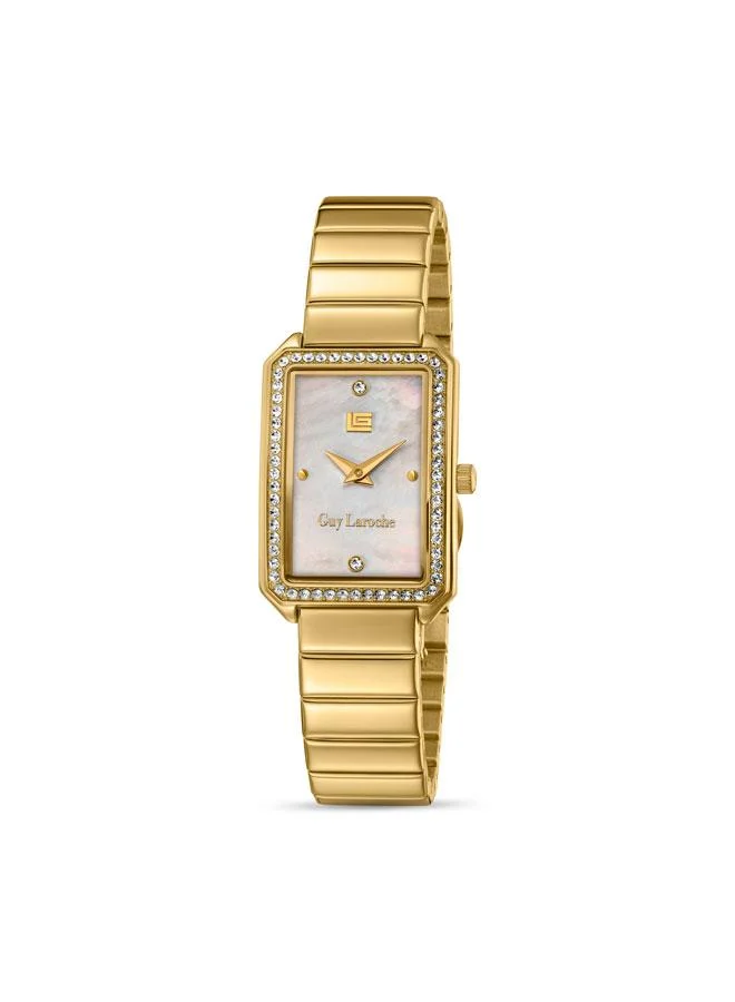 غاي لاروش ساعة ديبورا نسائية بسوار معدني ذهبي وميناء أبيض بعقارب