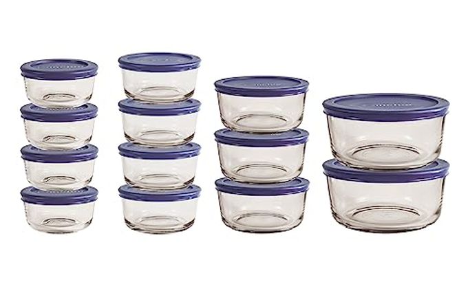 Anchor Hocking 26 Piece Glass Storage Containers with Lids (13 Glass Food Storage Containers & 13 Navy Blue SnugFit Lids)