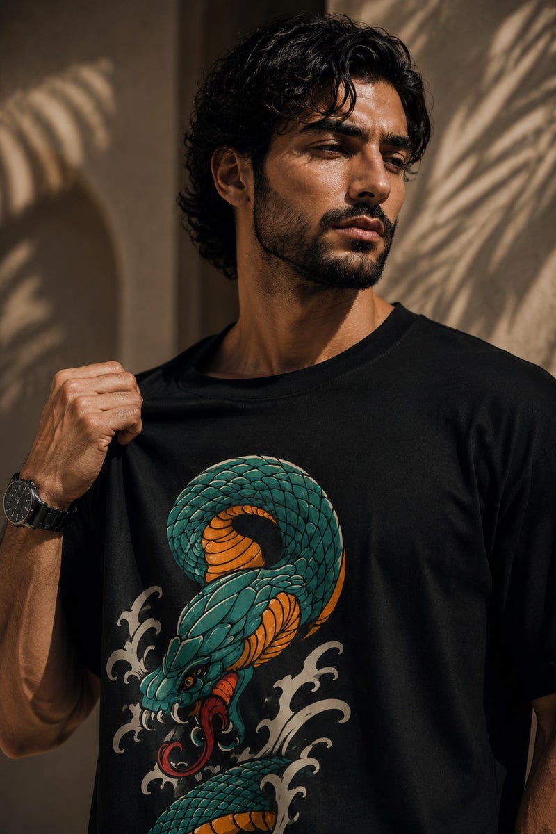 Men's Oversized Black Snake Graphic T-Shirt Casual Short Sleeve Crew Neck Streetwear Tee - Image 1
