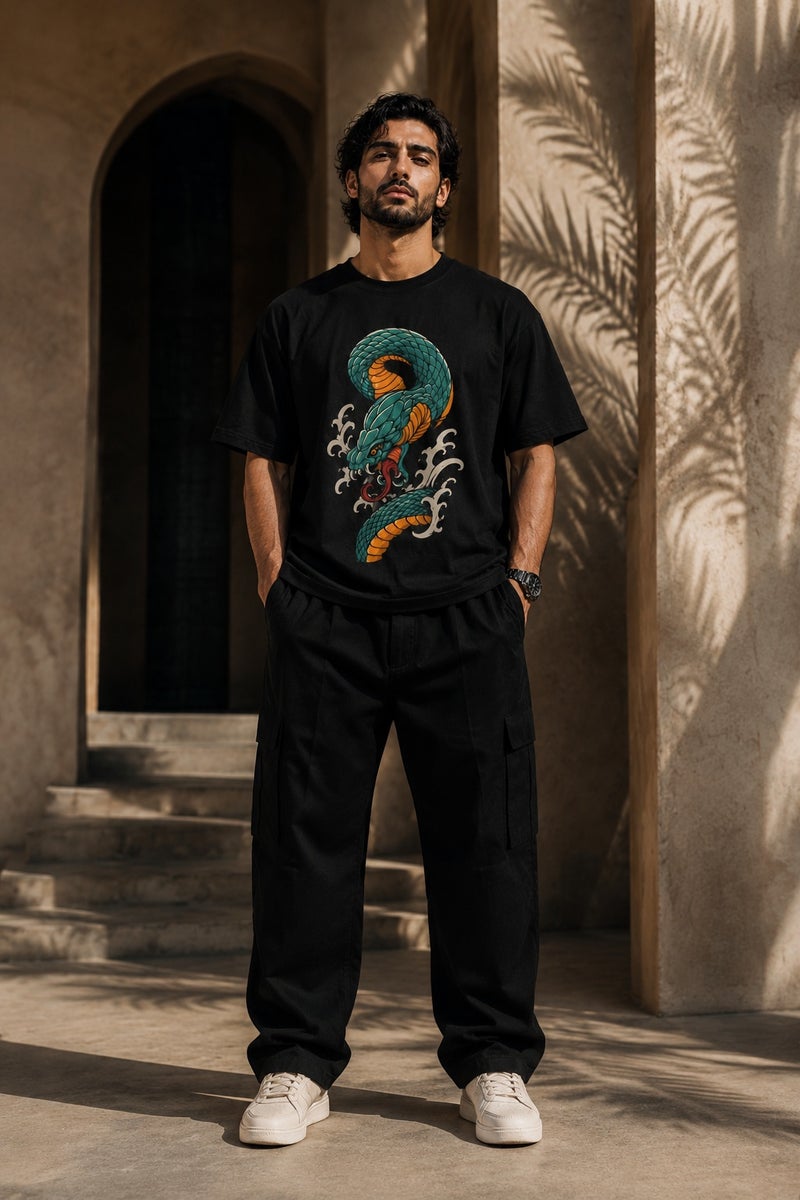 Men's Oversized Black Snake Graphic T-Shirt Casual Short Sleeve Crew Neck Streetwear Tee - Image 2