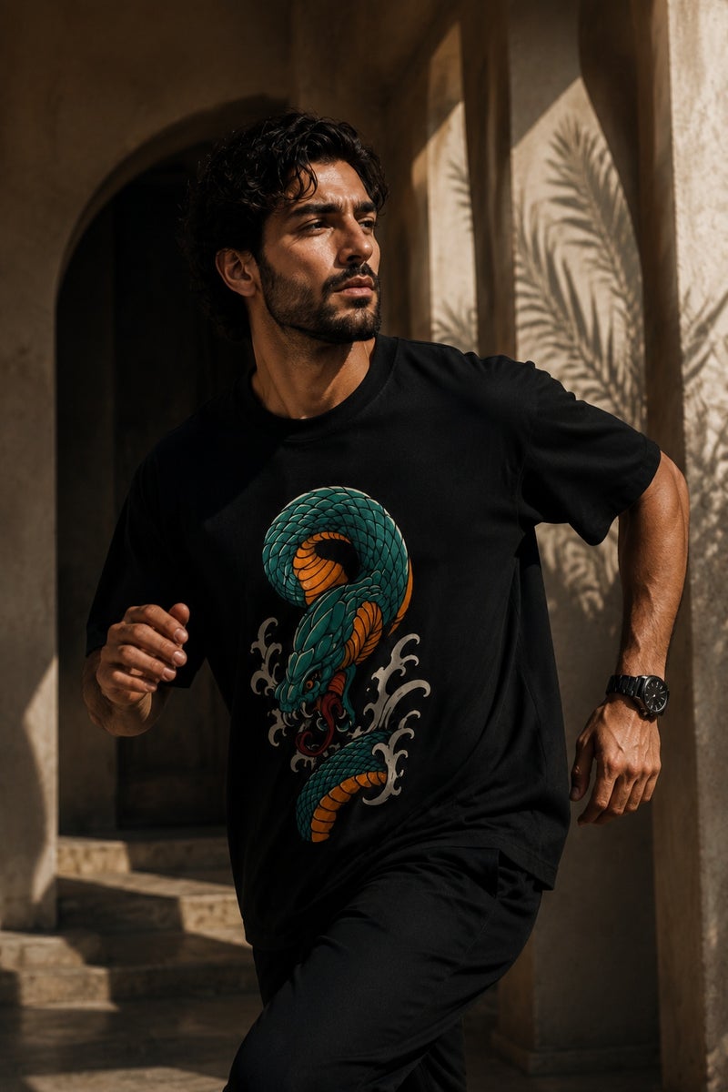 Men's Oversized Black Snake Graphic T-Shirt Casual Short Sleeve Crew Neck Streetwear Tee - Image 3
