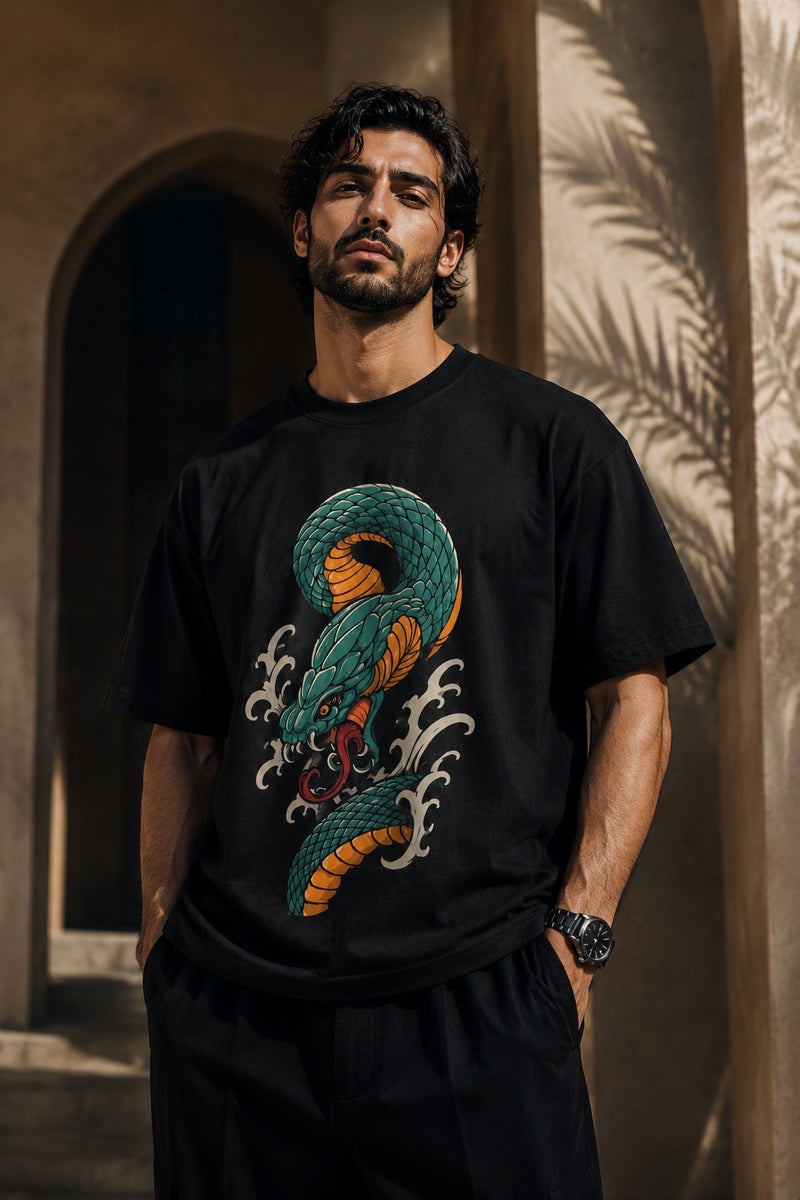 Men's Oversized Black Snake Graphic T-Shirt Casual Short Sleeve Crew Neck Streetwear Tee - Image 5