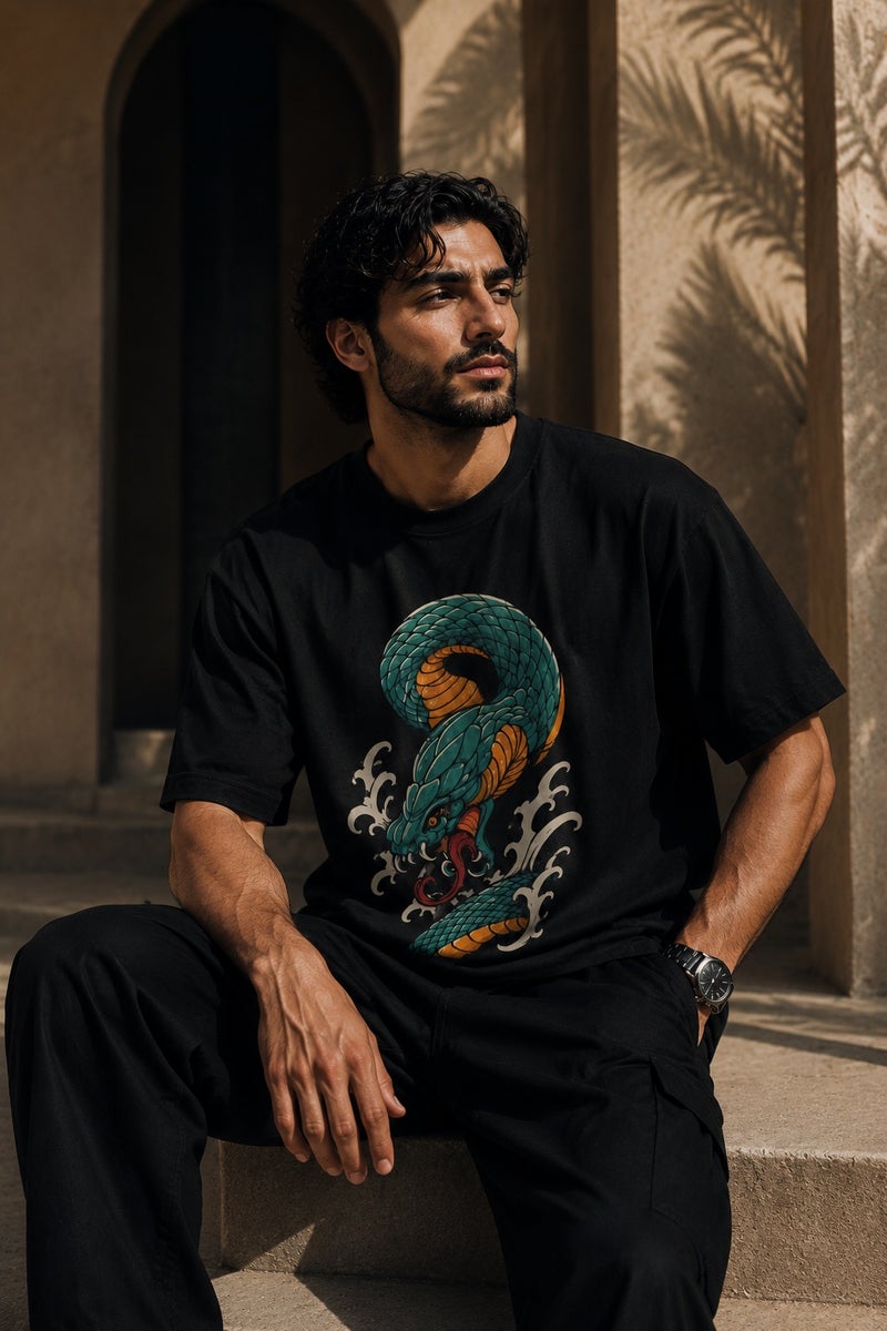 Men's Oversized Black Snake Graphic T-Shirt Casual Short Sleeve Crew Neck Streetwear Tee - Image 4