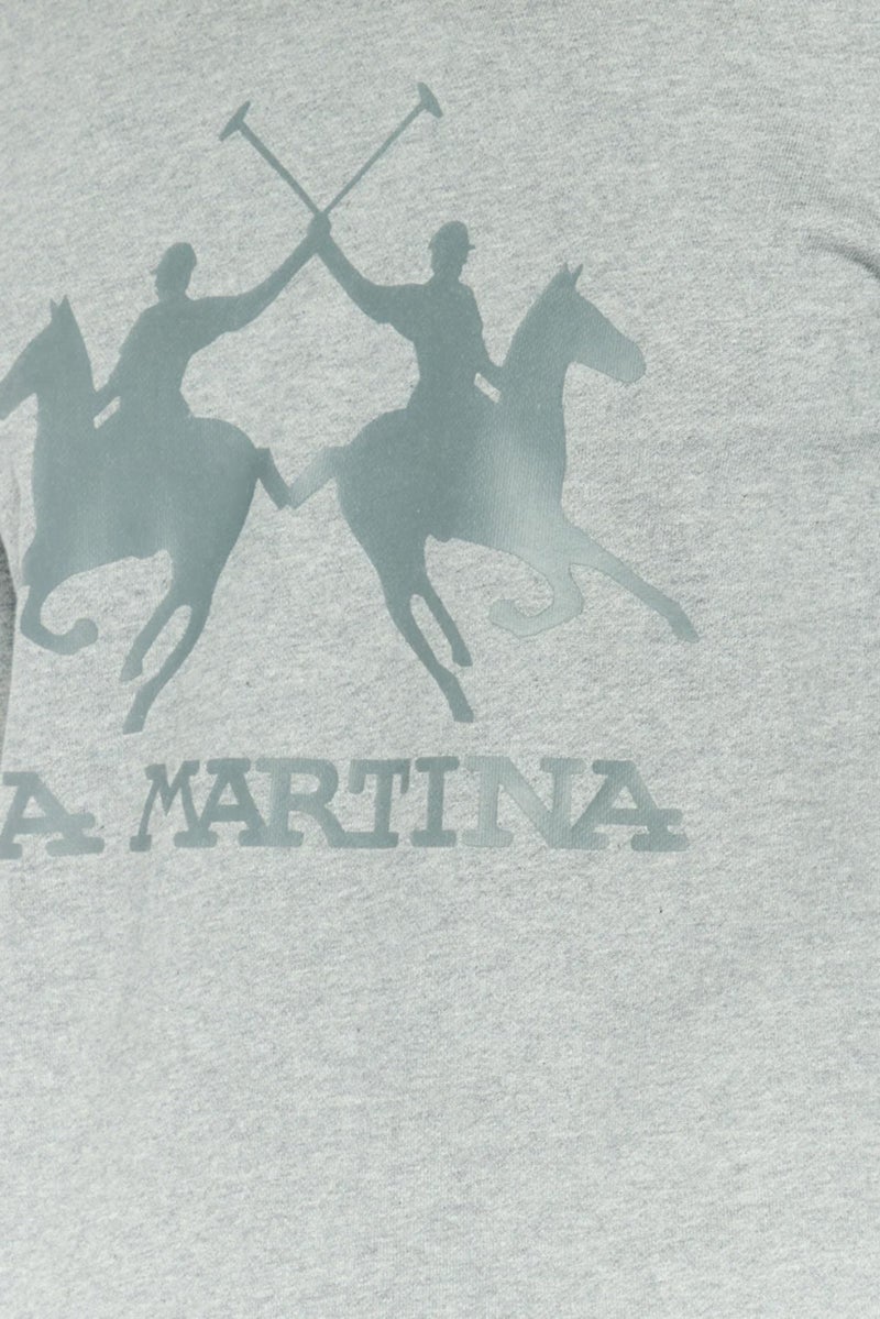 La Martina سويت شيرت رجالي بأكمام طويلة وياقة دائرية بشعار العلامة التجارية، رمادي - Image 3