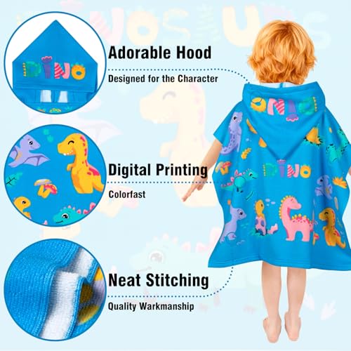 growell Hooded Kids Beach Towels - Toddler Bath Towel Girls Boys Swim Cover-ups for Ages 1 to 6 Kids Pool Towels Quick Dry Lightweight Soft Microfiber Poncho Towel 24x23 (Dinosaur Sky Blue) - Image 3