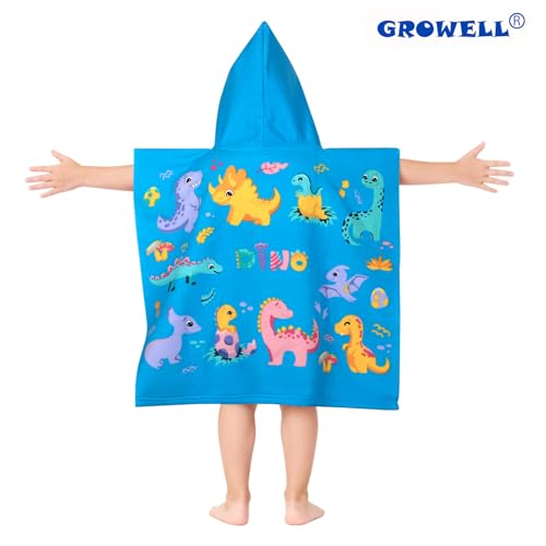 growell Hooded Kids Beach Towels - Toddler Bath Towel Girls Boys Swim Cover-ups for Ages 1 to 6 Kids Pool Towels Quick Dry Lightweight Soft Microfiber Poncho Towel 24x23 (Dinosaur Sky Blue) - Image 2