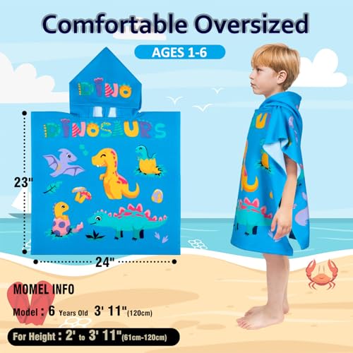 growell Hooded Kids Beach Towels - Toddler Bath Towel Girls Boys Swim Cover-ups for Ages 1 to 6 Kids Pool Towels Quick Dry Lightweight Soft Microfiber Poncho Towel 24x23 (Dinosaur Sky Blue) - Image 4