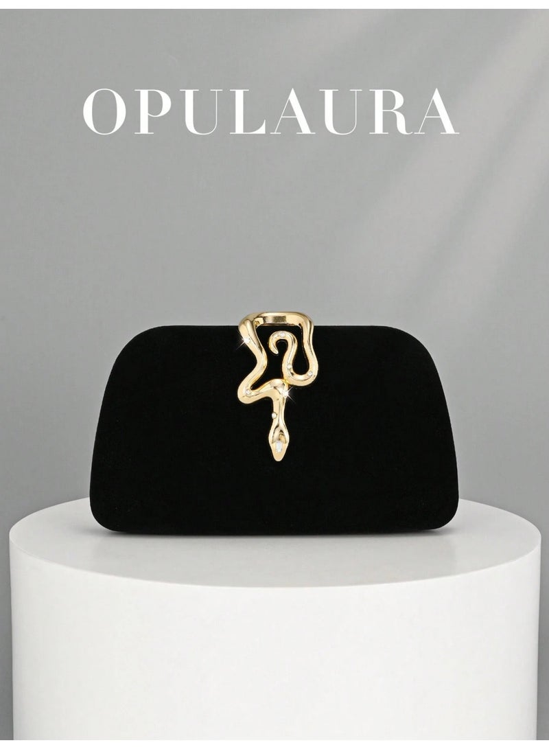 Luxury Women’s Velvet Evening Bag in Black with Gold Snake Clasp – Elegant Design with Long Metal Chain - Image 1