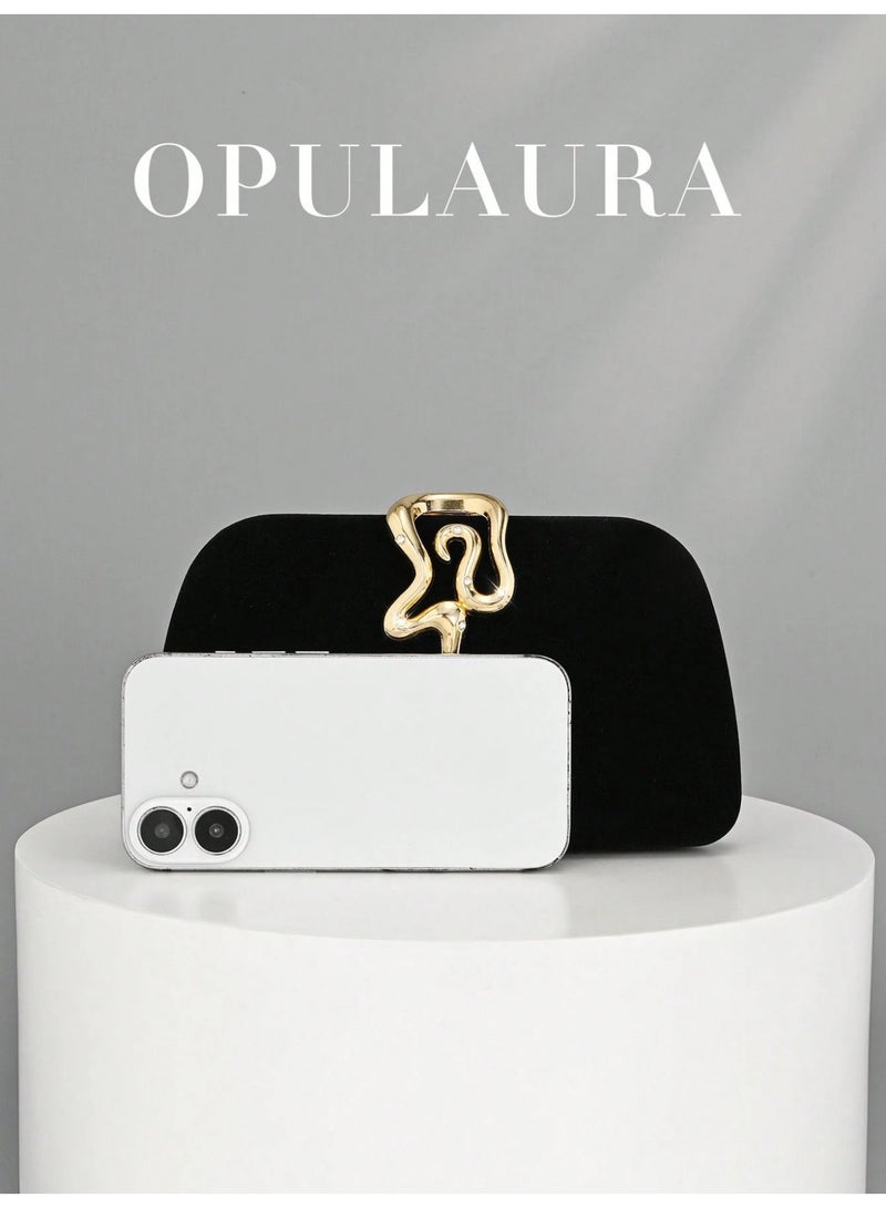 Luxury Women’s Velvet Evening Bag in Black with Gold Snake Clasp – Elegant Design with Long Metal Chain - Image 3