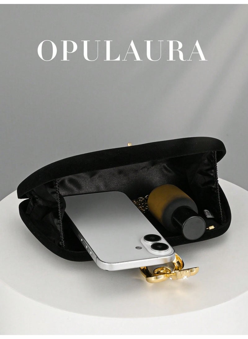 Luxury Women’s Velvet Evening Bag in Black with Gold Snake Clasp – Elegant Design with Long Metal Chain - Image 2