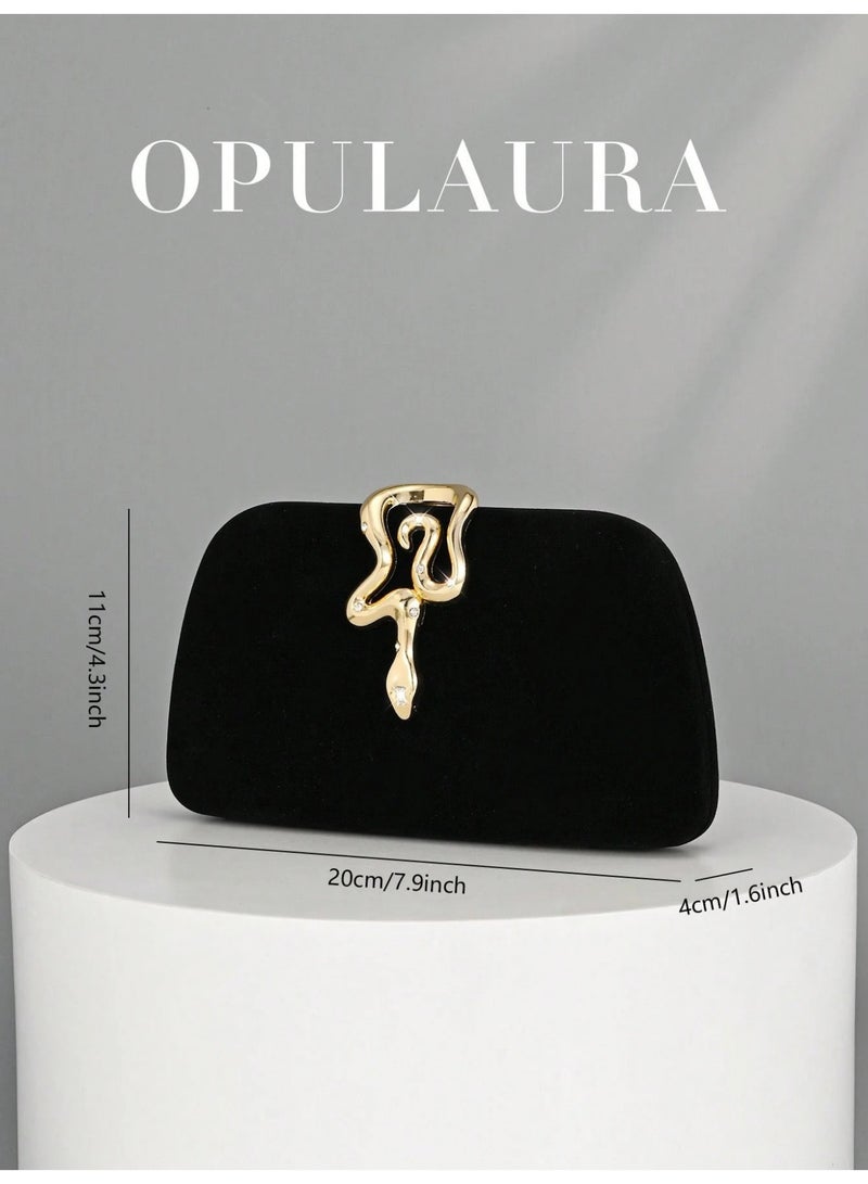 Luxury Women’s Velvet Evening Bag in Black with Gold Snake Clasp – Elegant Design with Long Metal Chain - Image 4