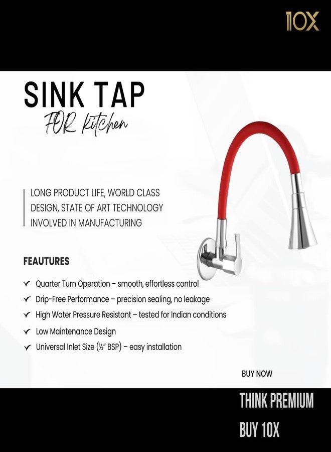 10X Brass Sink Tap for Kitchen BL-90887 - Flexible Neck Dual Flow Red Color 2 Function Shower/Foam Flow Wall Mount - Image 2