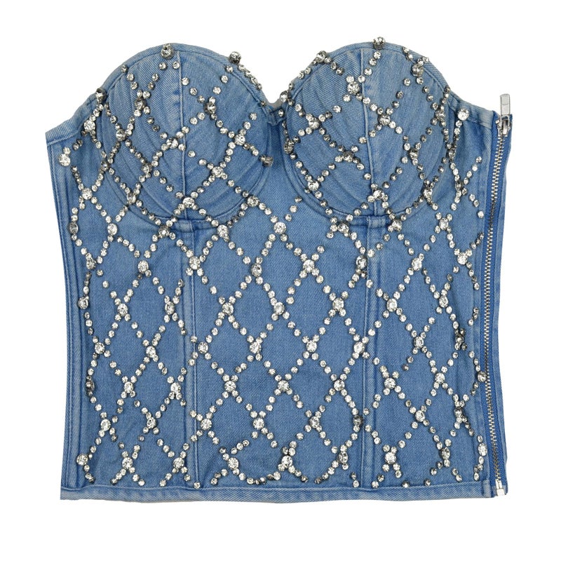 ELLACCI Women's Denim Rhinestone Corset Top Sexy Club Party Jean Bodysuit Medium - Image 5