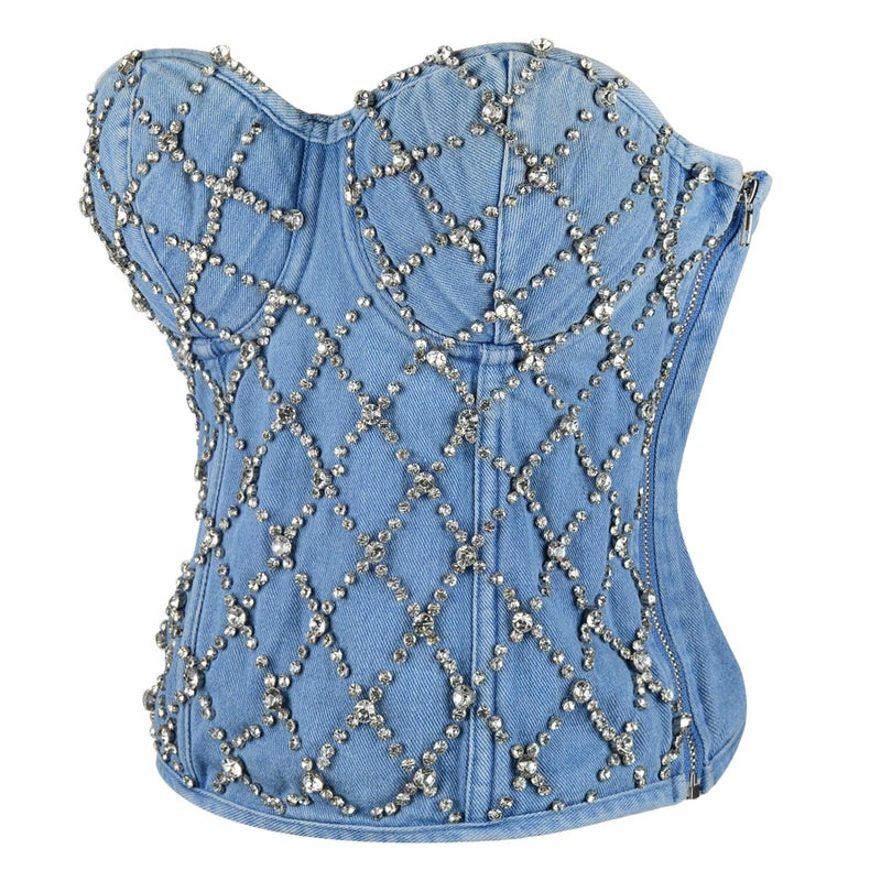 ELLACCI Women's Denim Rhinestone Corset Top Sexy Club Party Jean Bodysuit Medium - Image 2