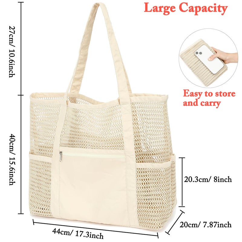 Fammart Mesh Beach Bag for Women, Casual Hobo Bags Large Beach Tote for Pool Travel Cruise Vacation Essentials, Sandproof Bottom - Beige - Image 4