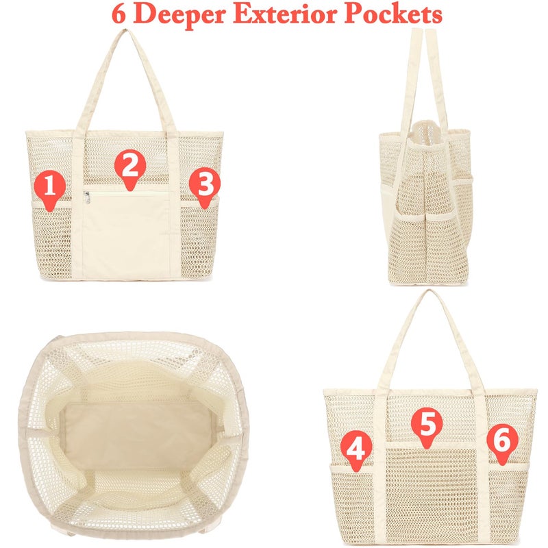 Fammart Mesh Beach Bag for Women, Casual Hobo Bags Large Beach Tote for Pool Travel Cruise Vacation Essentials, Sandproof Bottom - Beige - Image 5