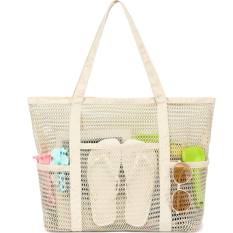Fammart Mesh Beach Bag for Women, Casual Hobo Bags Large Beach Tote for Pool Travel Cruise Vacation Essentials, Sandproof Bottom - Beige - Image 1