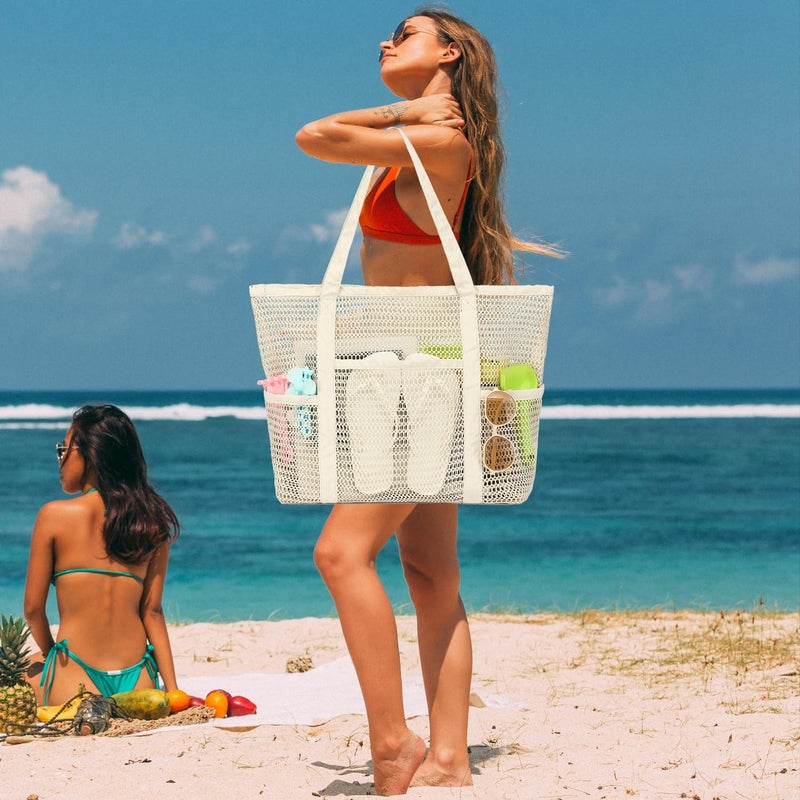 Fammart Mesh Beach Bag for Women, Casual Hobo Bags Large Beach Tote for Pool Travel Cruise Vacation Essentials, Sandproof Bottom - Beige - Image 2