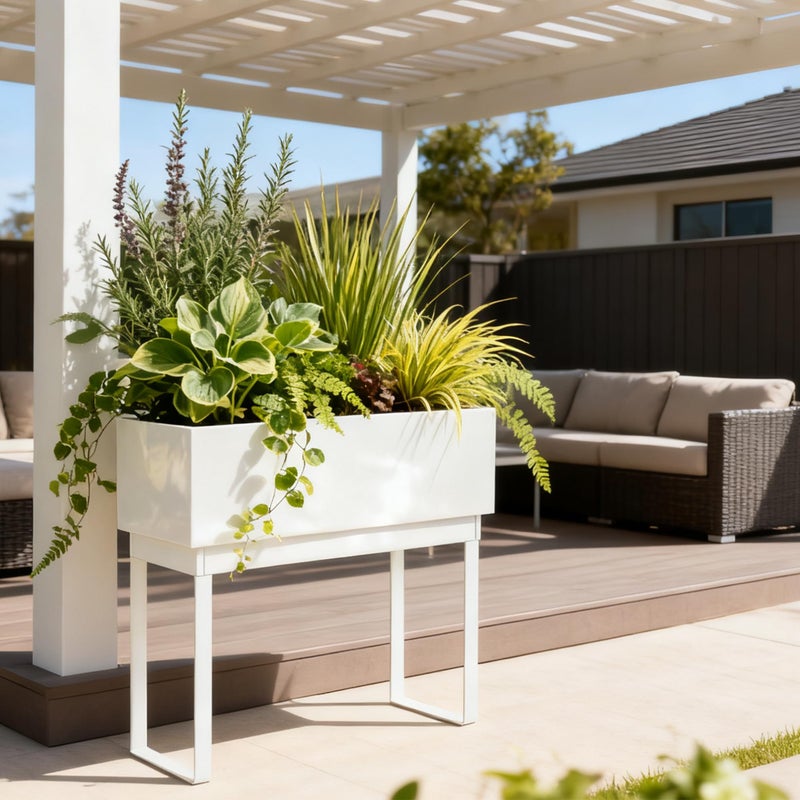 WORTH Raised Metal Planter Box with Legs, 28" Elevated Garden Bed for Indoor & Outdoor Use â€“ Glossy White Galvanized Steel Planter with Inner Shelf, Drainage Holes, Plug for Vegetables, Flowers, Herbs - Image 3