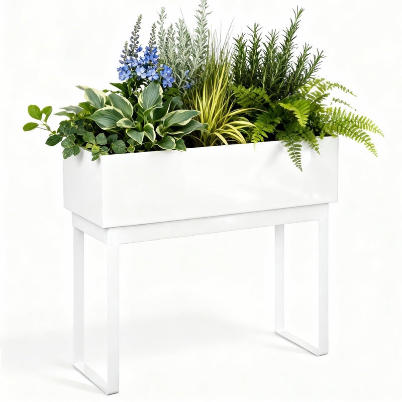 WORTH Raised Metal Planter Box with Legs, 28" Elevated Garden Bed for Indoor & Outdoor Use â€“ Glossy White Galvanized Steel Planter with Inner Shelf, Drainage Holes, Plug for Vegetables, Flowers, Herbs - Image 1