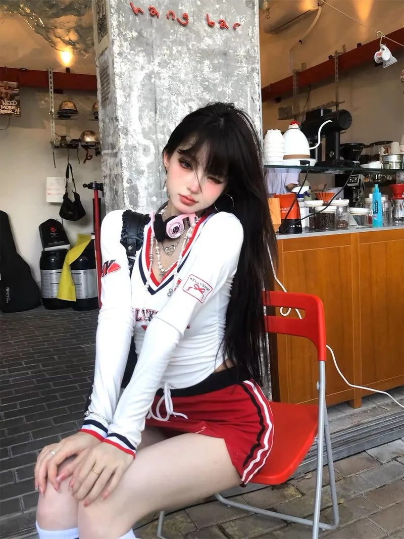 Sweet And Spicy Tennis Top Student White American Spice Girl T-Shirt Women'S Summer V-Neck Slimming Long Sleeve Top Short Jersey Korean Style - Image 3