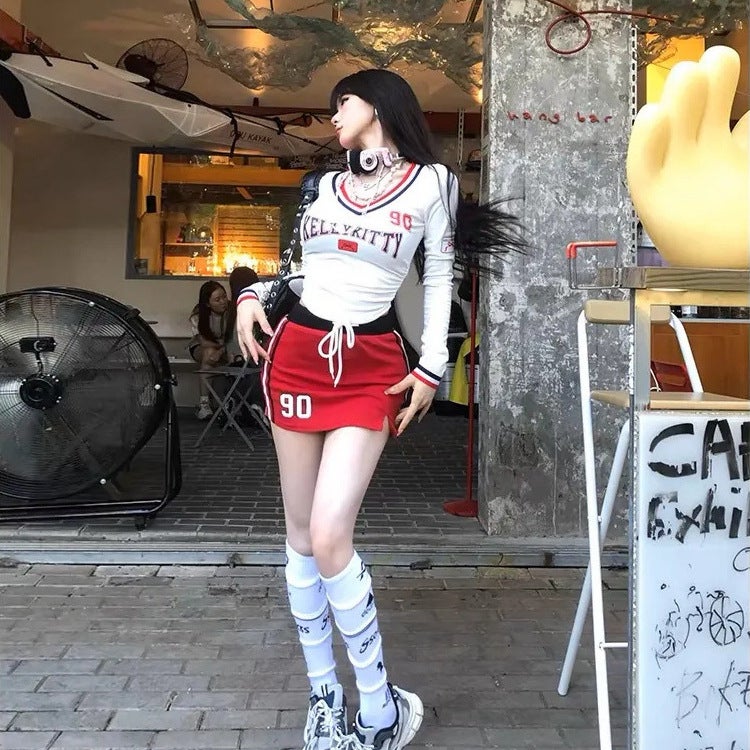 Sweet And Spicy Tennis Top Student White American Spice Girl T-Shirt Women'S Summer V-Neck Slimming Long Sleeve Top Short Jersey Korean Style - Image 1