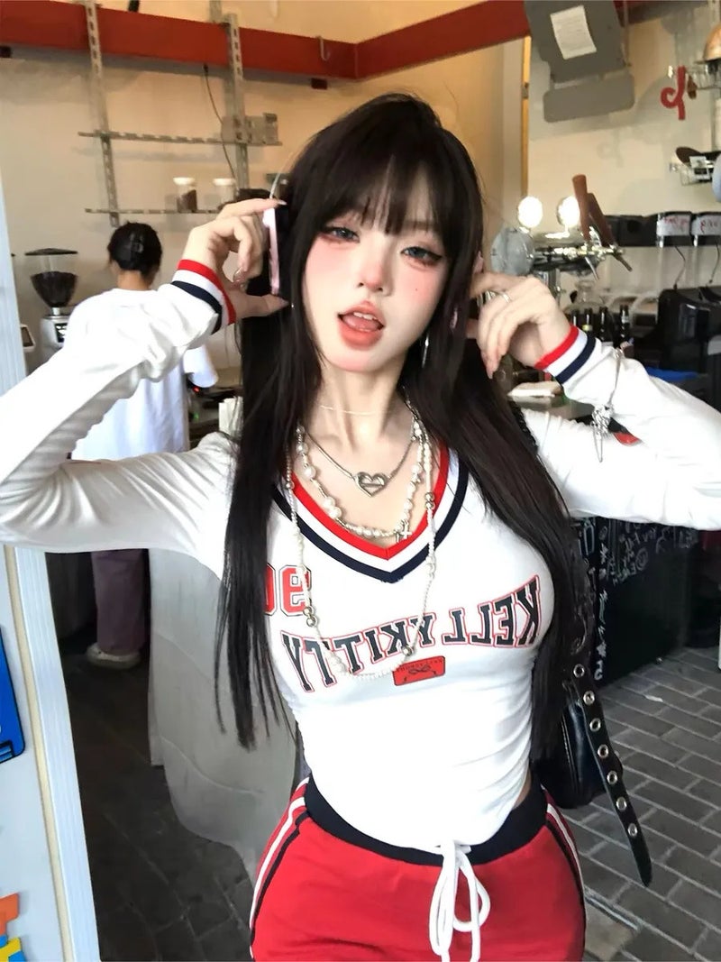 Sweet And Spicy Tennis Top Student White American Spice Girl T-Shirt Women'S Summer V-Neck Slimming Long Sleeve Top Short Jersey Korean Style - Image 2