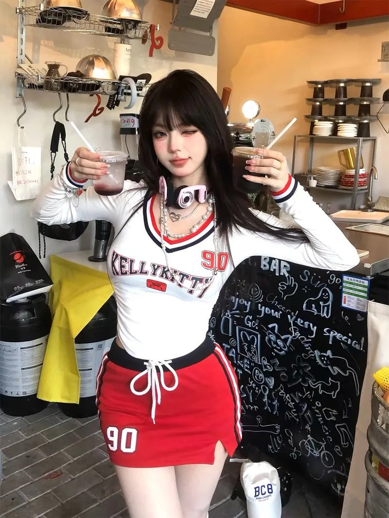 Sweet And Spicy Tennis Top Student White American Spice Girl T-Shirt Women'S Summer V-Neck Slimming Long Sleeve Top Short Jersey Korean Style - Image 5