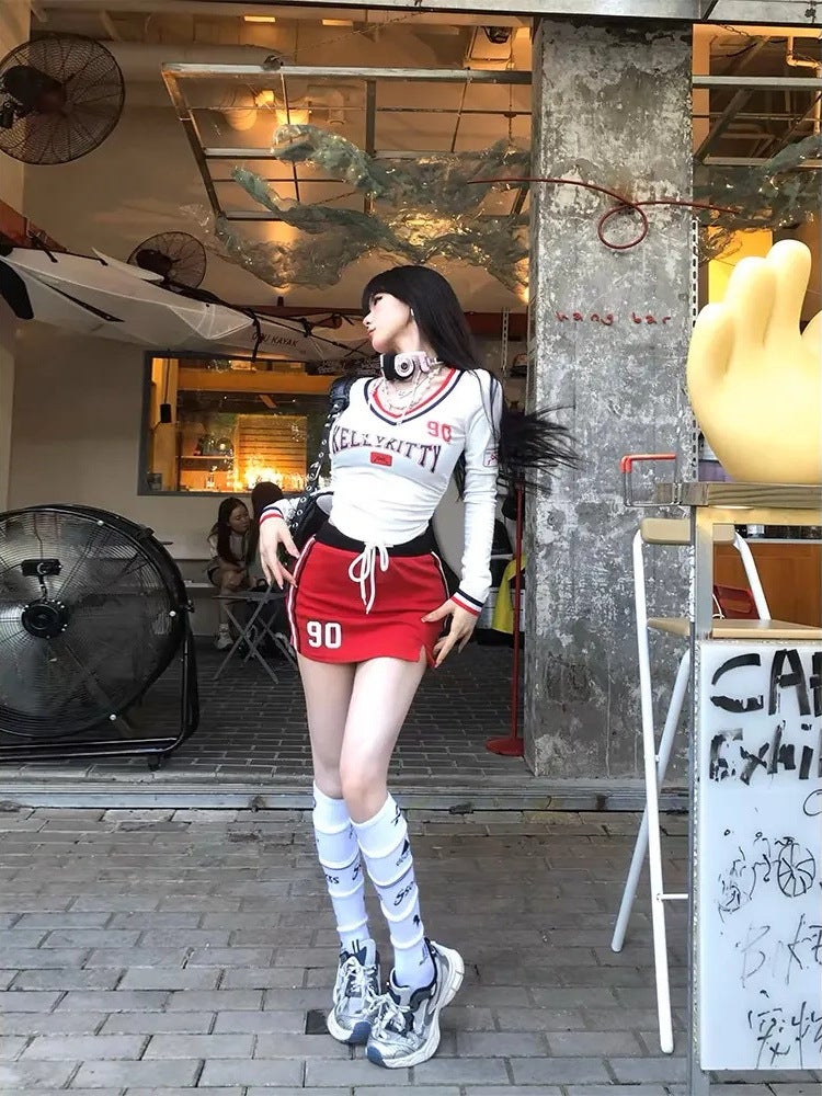 Sweet And Spicy Tennis Top Student White American Spice Girl T-Shirt Women'S Summer V-Neck Slimming Long Sleeve Top Short Jersey Korean Style - Image 4