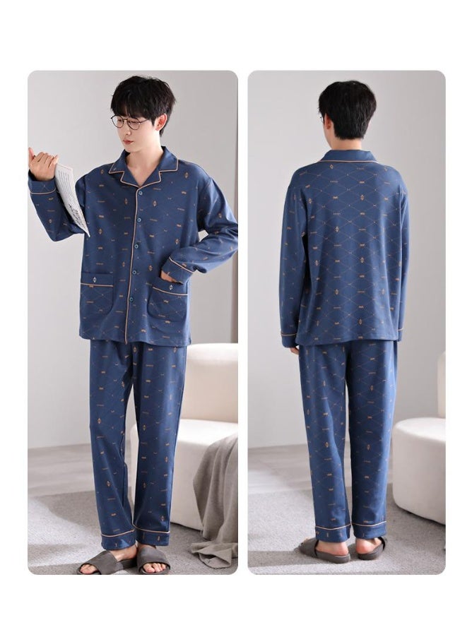 Autumn Winter Men's  Cotton Sleepwear Cardigan Long Sleeves Trousers Outerwear Youthful Simple Cotton Sleepwe - Image 2