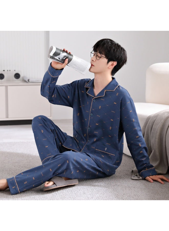 Autumn Winter Men's  Cotton Sleepwear Cardigan Long Sleeves Trousers Outerwear Youthful Simple Cotton Sleepwe - Image 1
