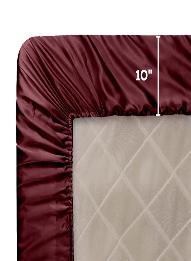 haus & kinder Satin Fitted Bedsheets Queen Size, 300 TC Premium Double Bedsheet Elastic Fitted, 60 X 78 X 10 Inches Satin Bed Sheet with 2 Pillow Covers -Crimson Velvet - Image 5