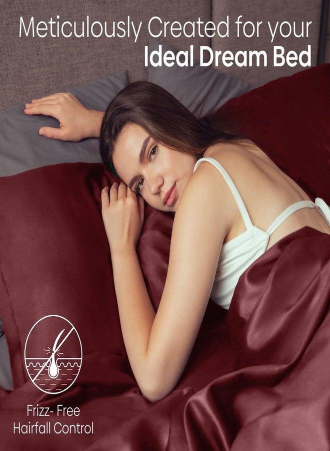 haus & kinder Satin Fitted Bedsheets Queen Size, 300 TC Premium Double Bedsheet Elastic Fitted, 60 X 78 X 10 Inches Satin Bed Sheet with 2 Pillow Covers -Crimson Velvet - Image 4
